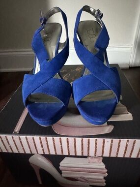 BCBG Royal Blue Suede Crisscross Platform Slingback Heels